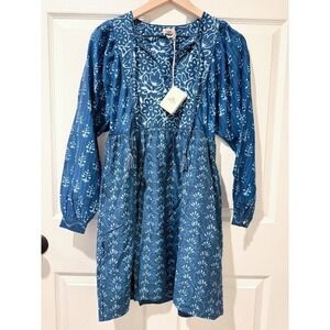 NWT Faherty Solstice Mini Dress Artisan Print Long Sleeve Blue Cotton Silk XXS